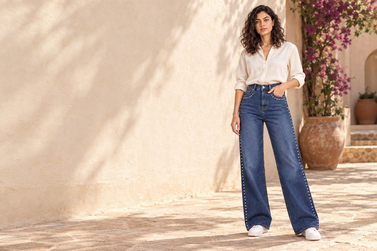 Studded Wide-Leg Jeans — Blue
