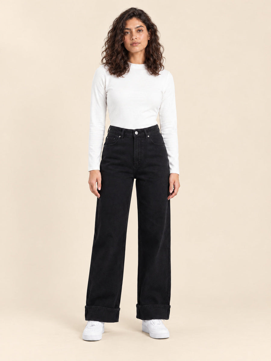 Turn-Up Wide-Leg Jeans — Black