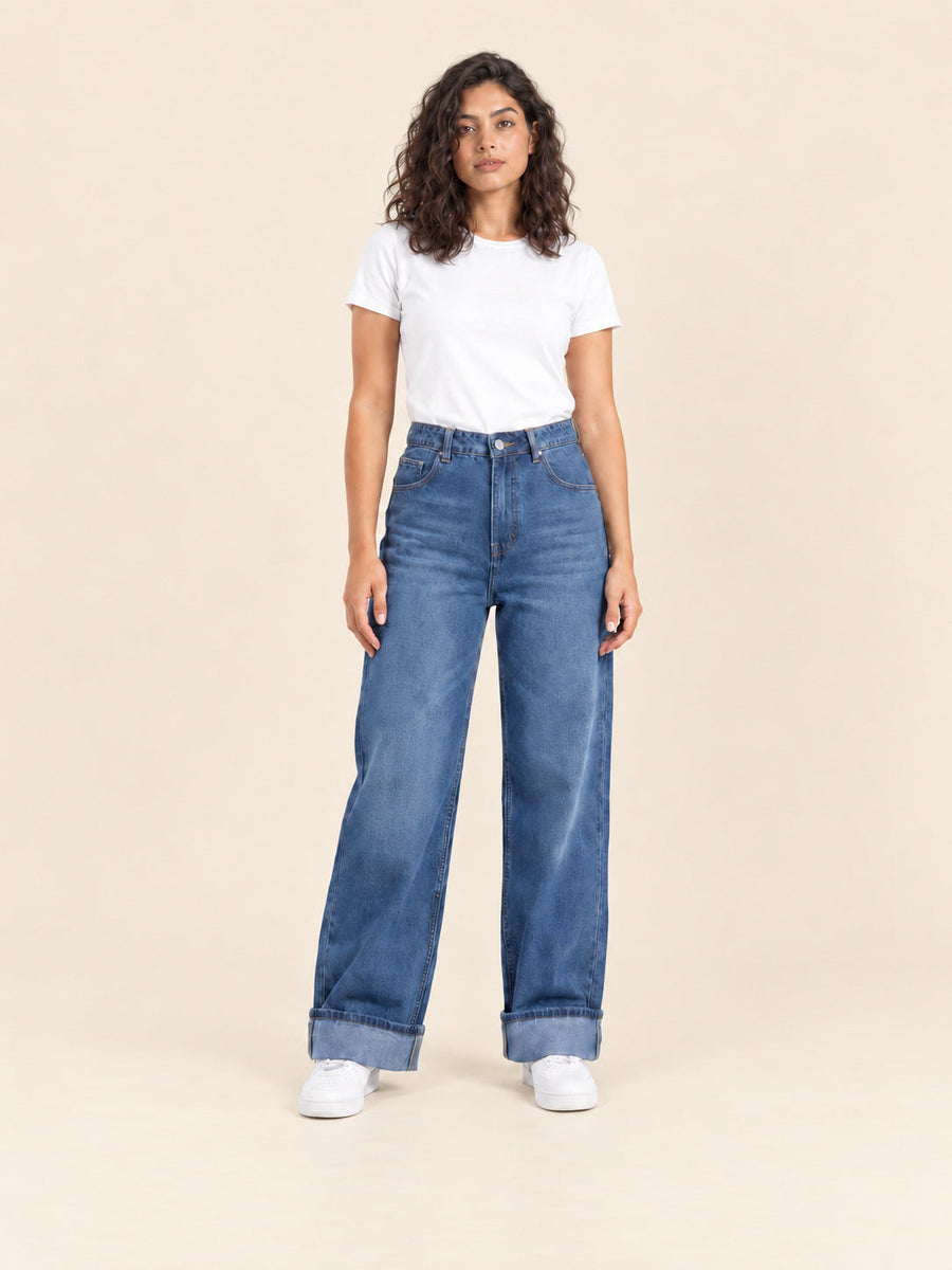 Turn-Up Wide-Leg Jeans — Mid Blue