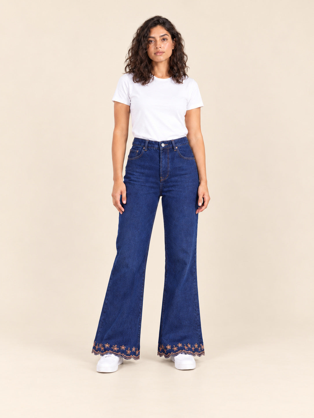 Embroidered Hem Flare Jeans — Indigo