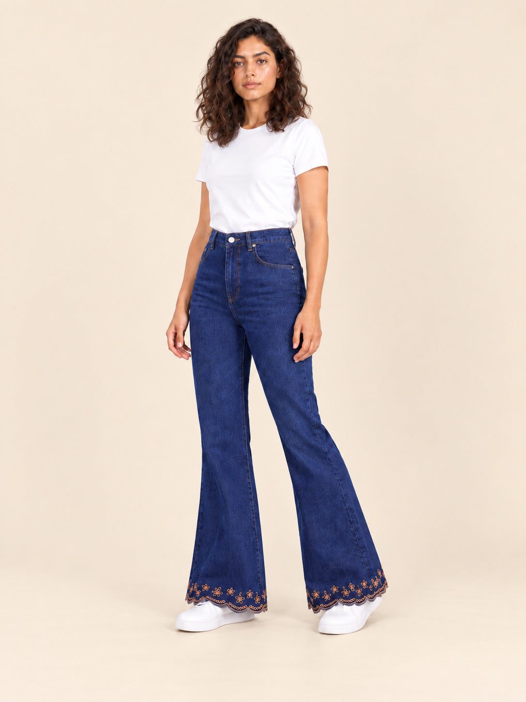 Embroidered Hem Flare Jeans — Indigo