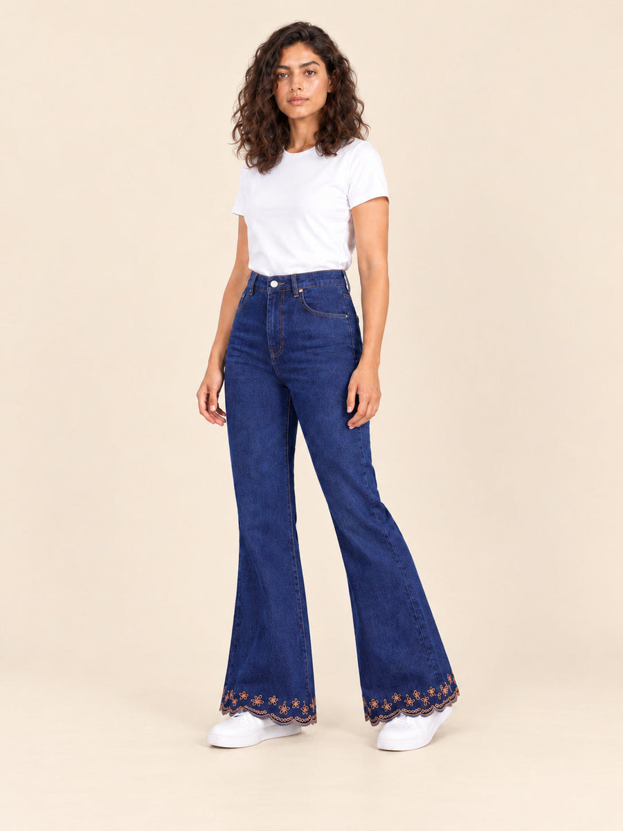 Embroidered Hem Flare Jeans — Indigo