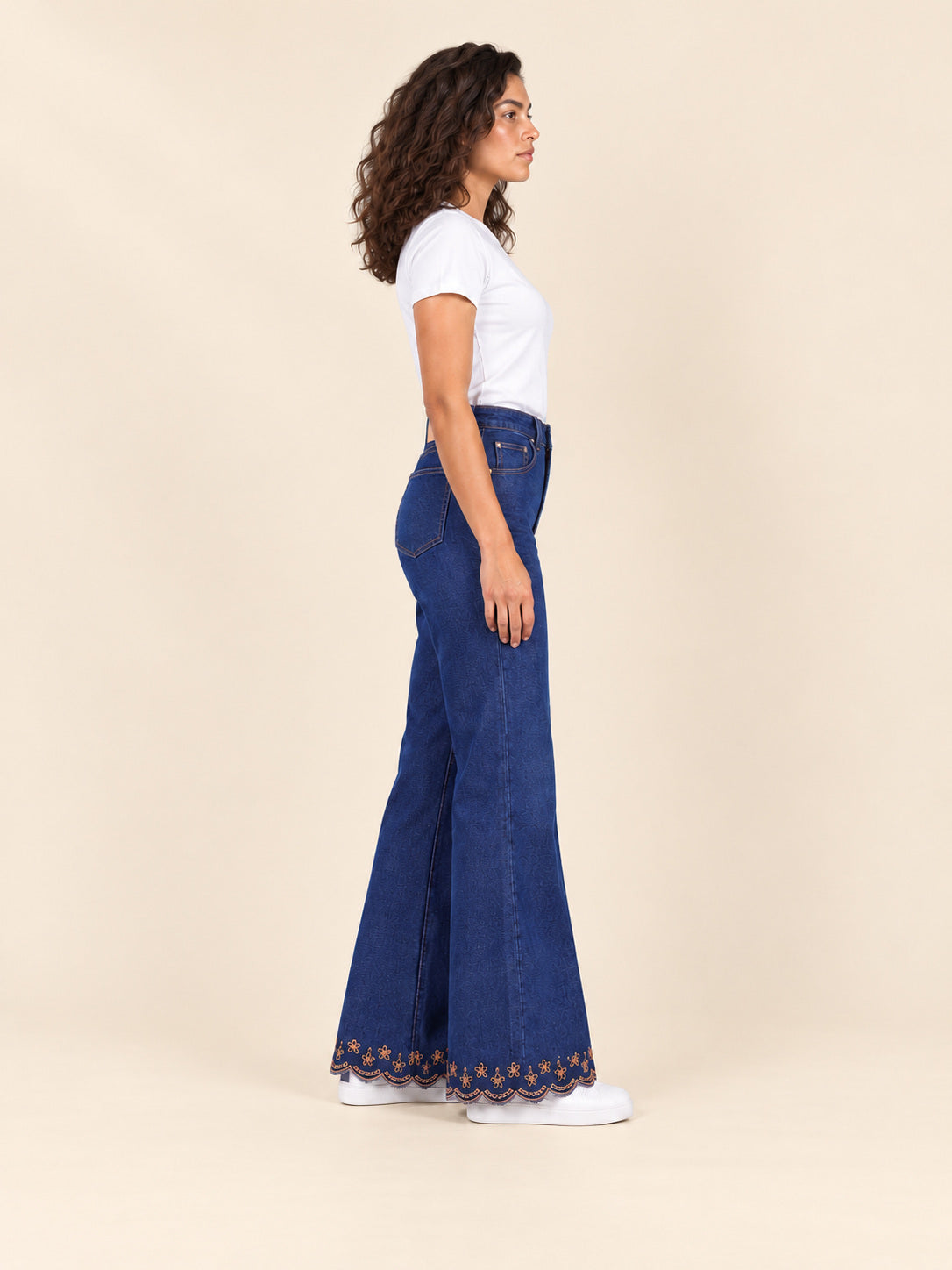 Embroidered Hem Flare Jeans — Indigo