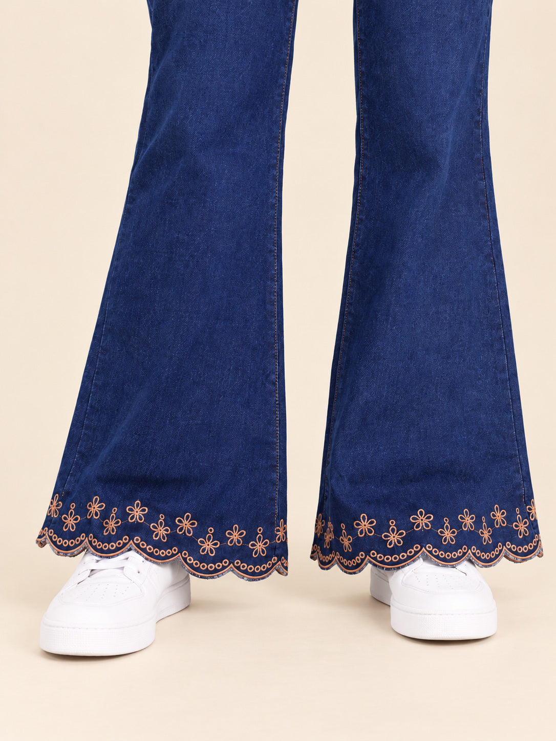 Embroidered Hem Flare Jeans — Indigo