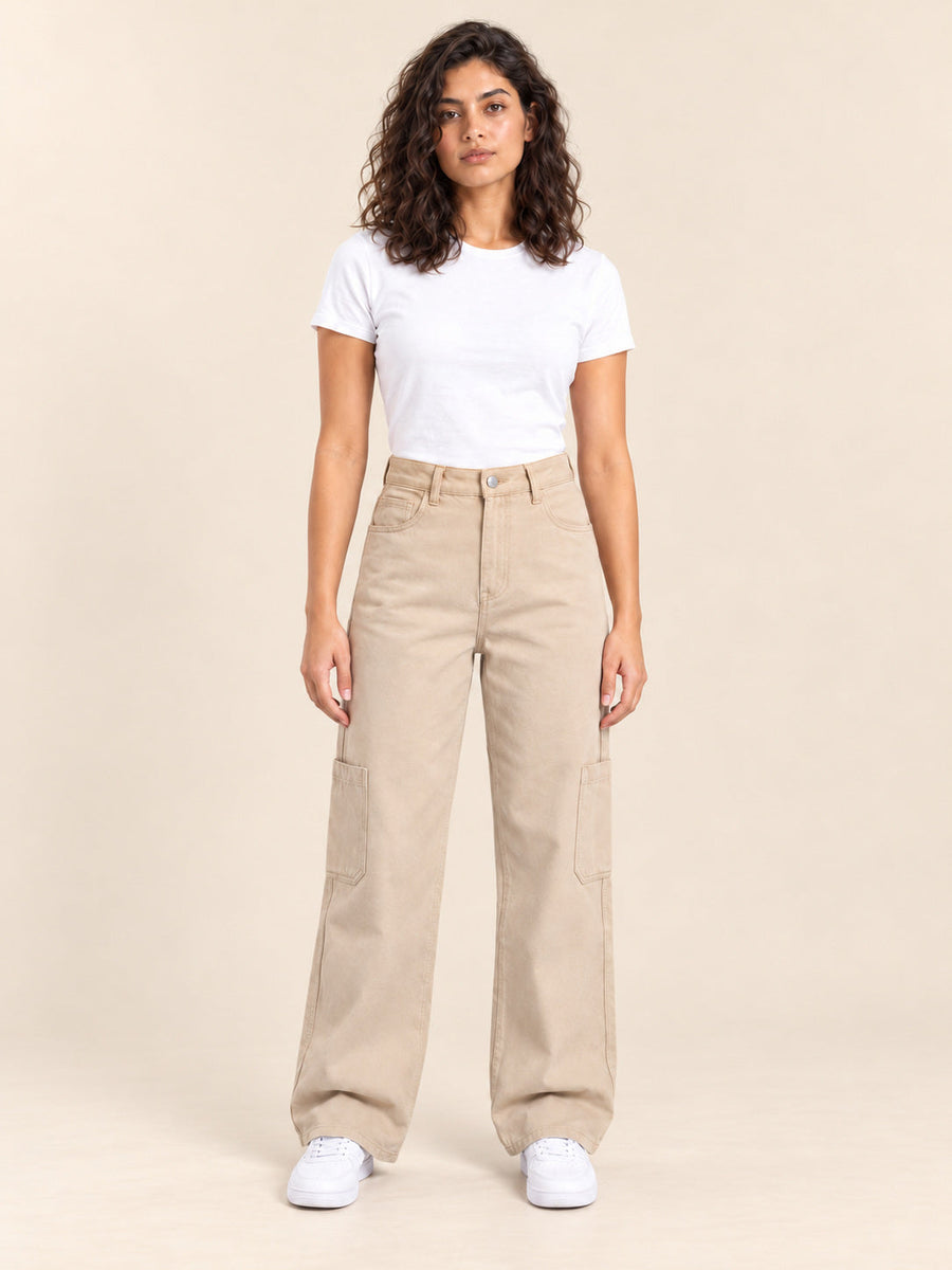 Straight-Leg Cotton Gabardine Pants — Beige