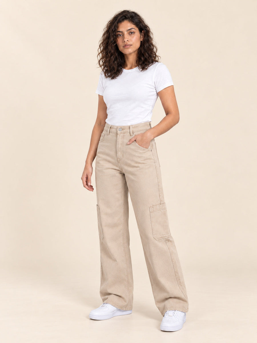 Straight-Leg Cotton Gabardine Pants — Beige