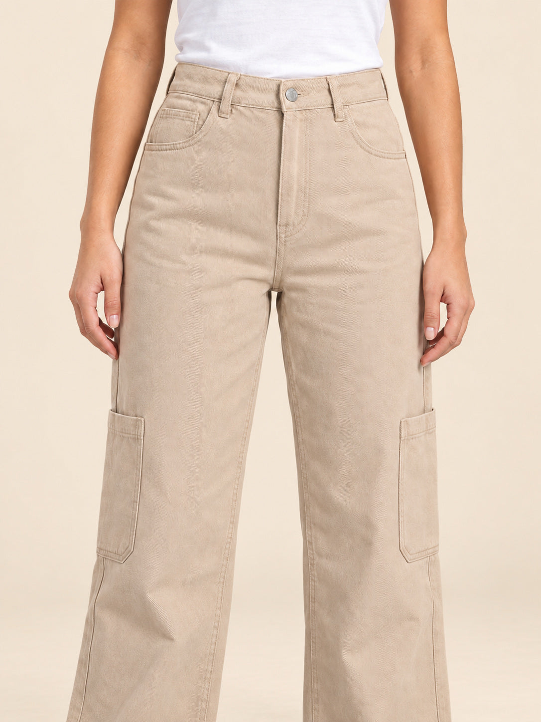 Straight-Leg Cotton Gabardine Pants — Beige