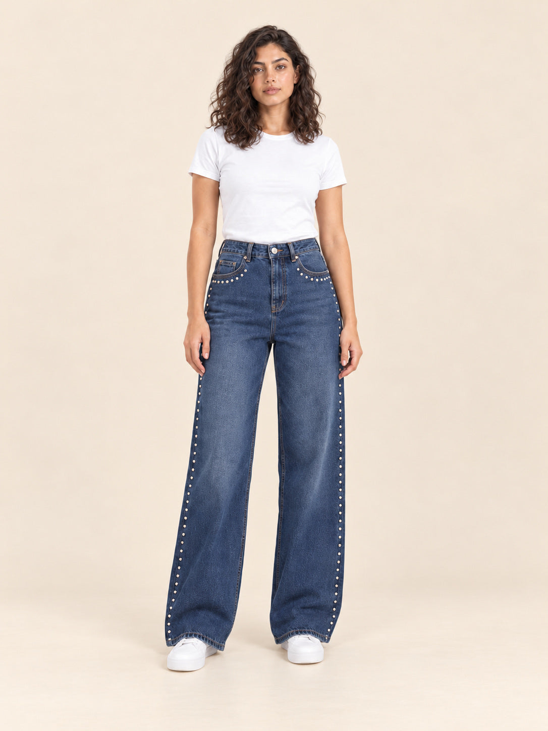 Studded Wide-Leg Jeans — Blue