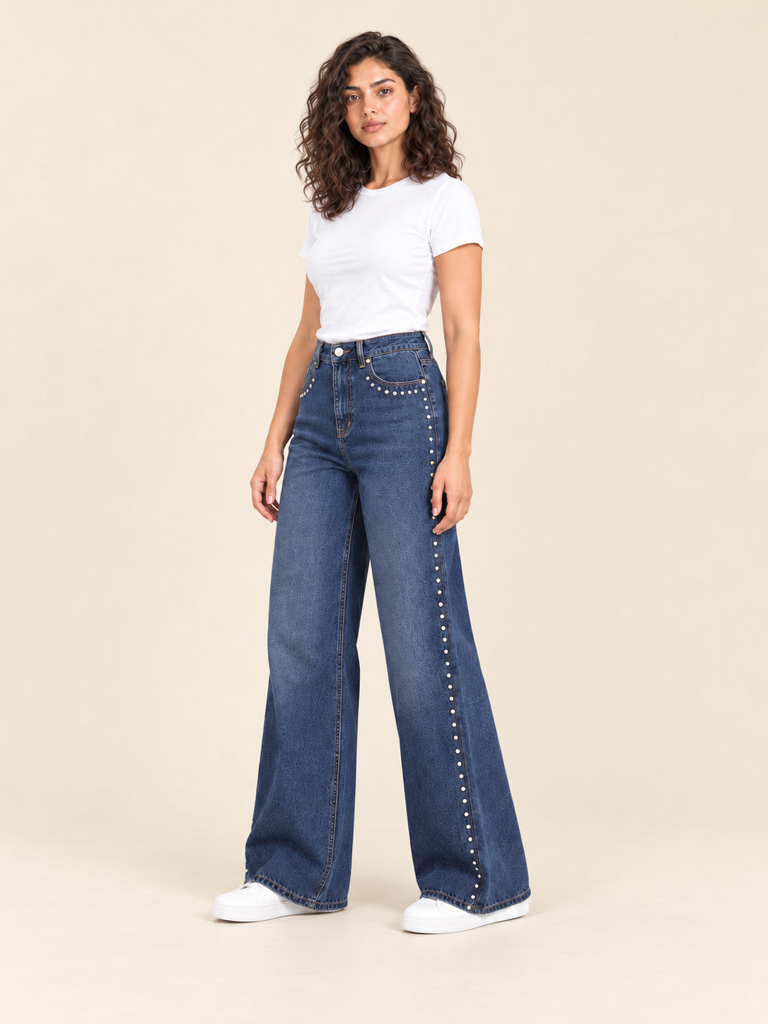 Studded Wide-Leg Jeans — Blue