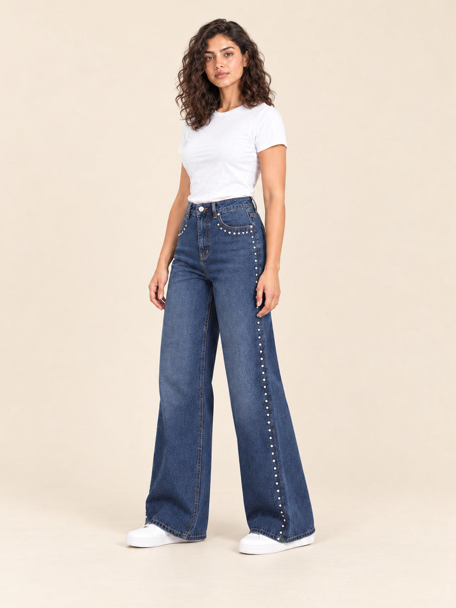 Studded Wide-Leg Jeans — Blue