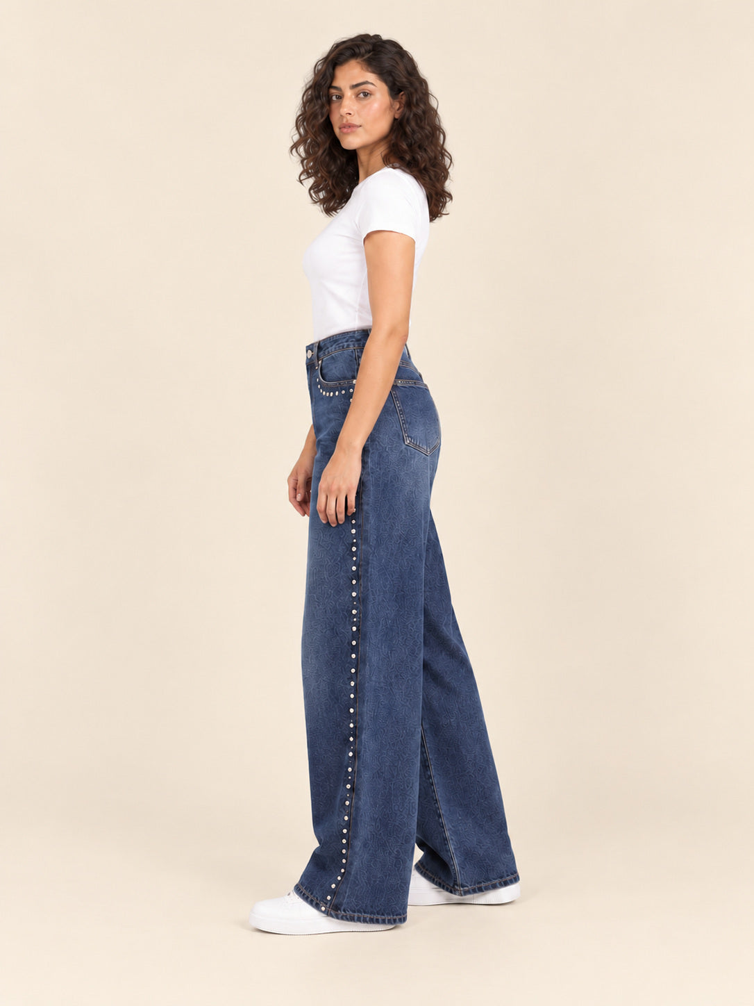 Studded Wide-Leg Jeans — Blue