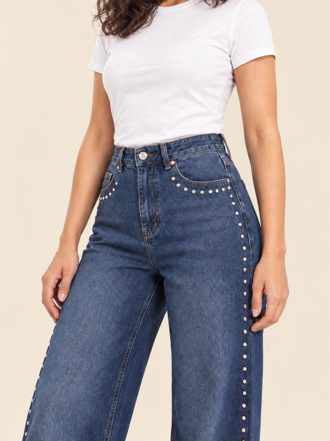 Studded Wide-Leg Jeans — Blue