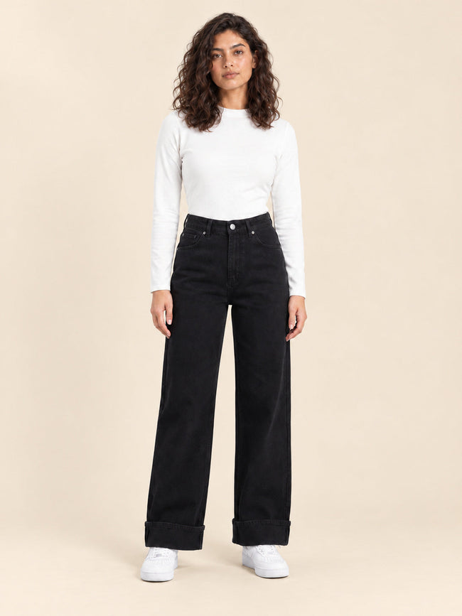 Turn-Up Wide-Leg Jeans — Black