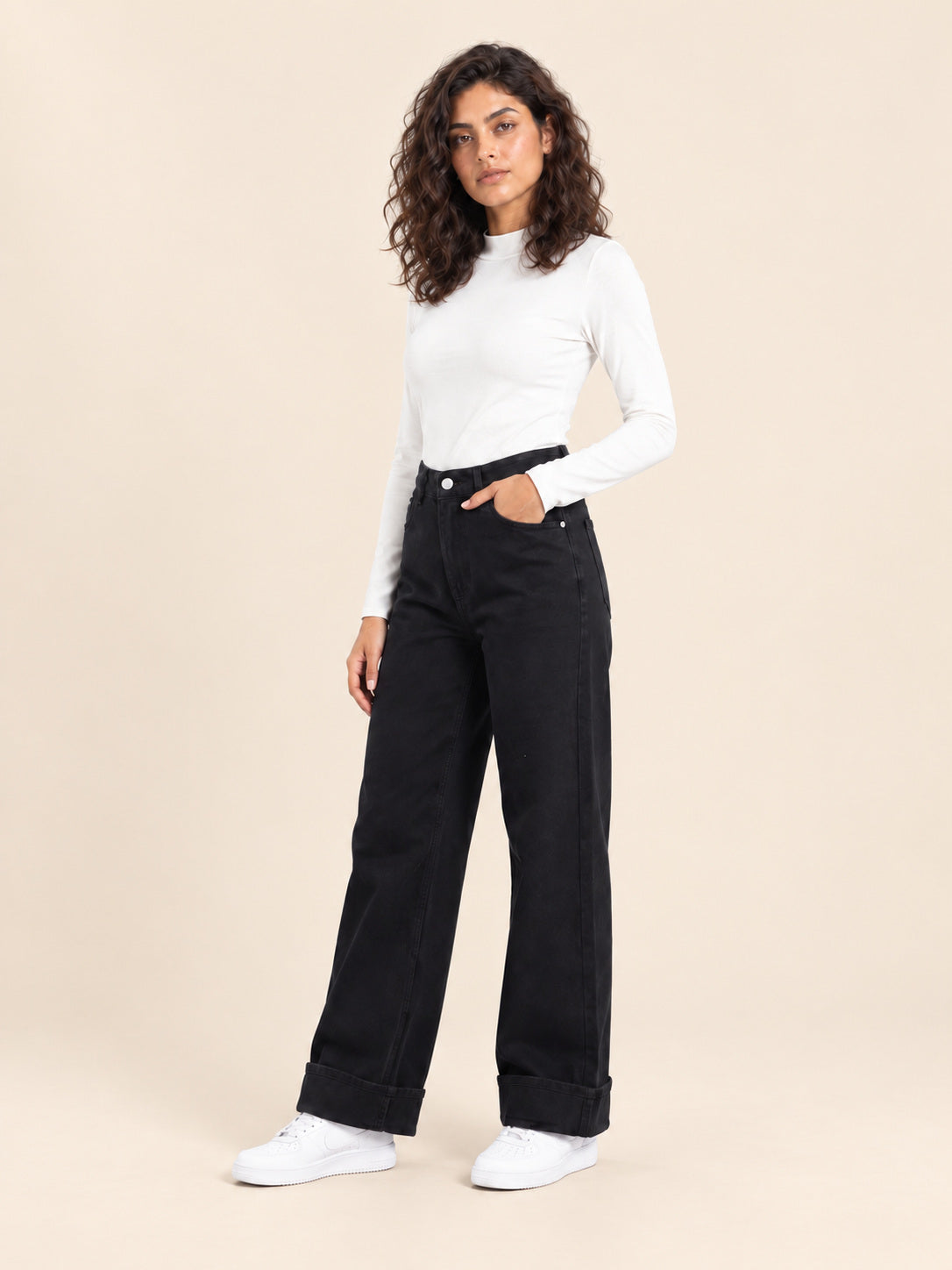 Turn-Up Wide-Leg Jeans — Black