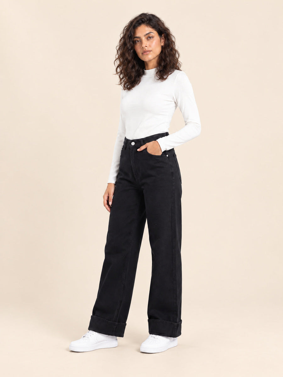 Turn-Up Wide-Leg Jeans — Black