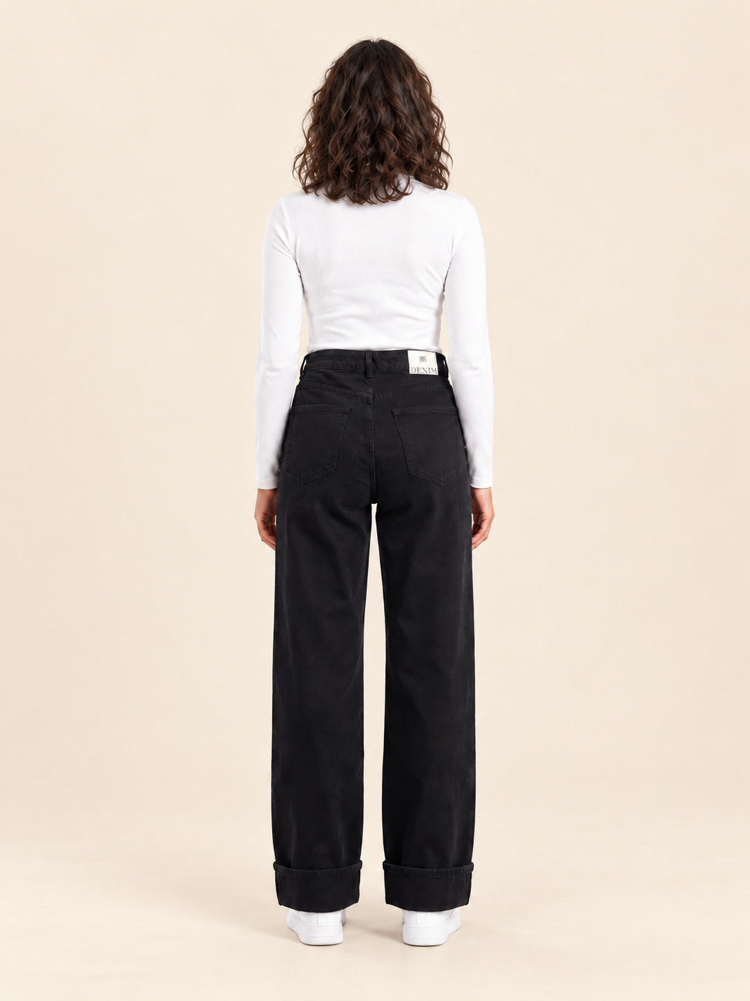 Turn-Up Wide-Leg Jeans — Black