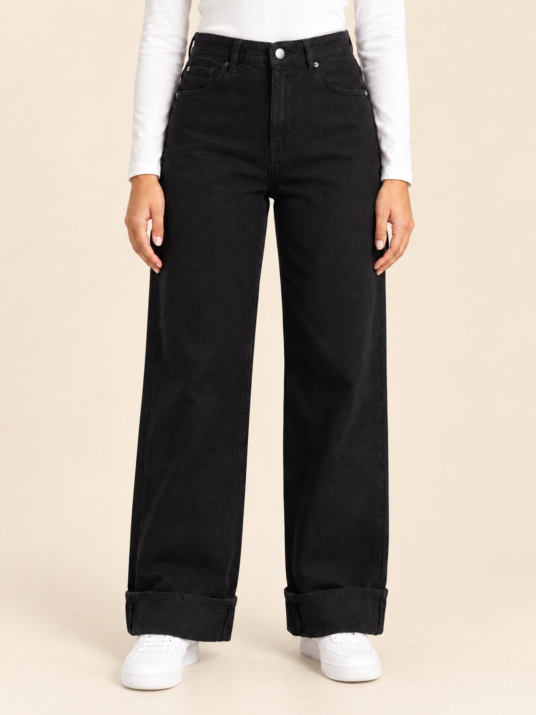 Turn-Up Wide-Leg Jeans — Black