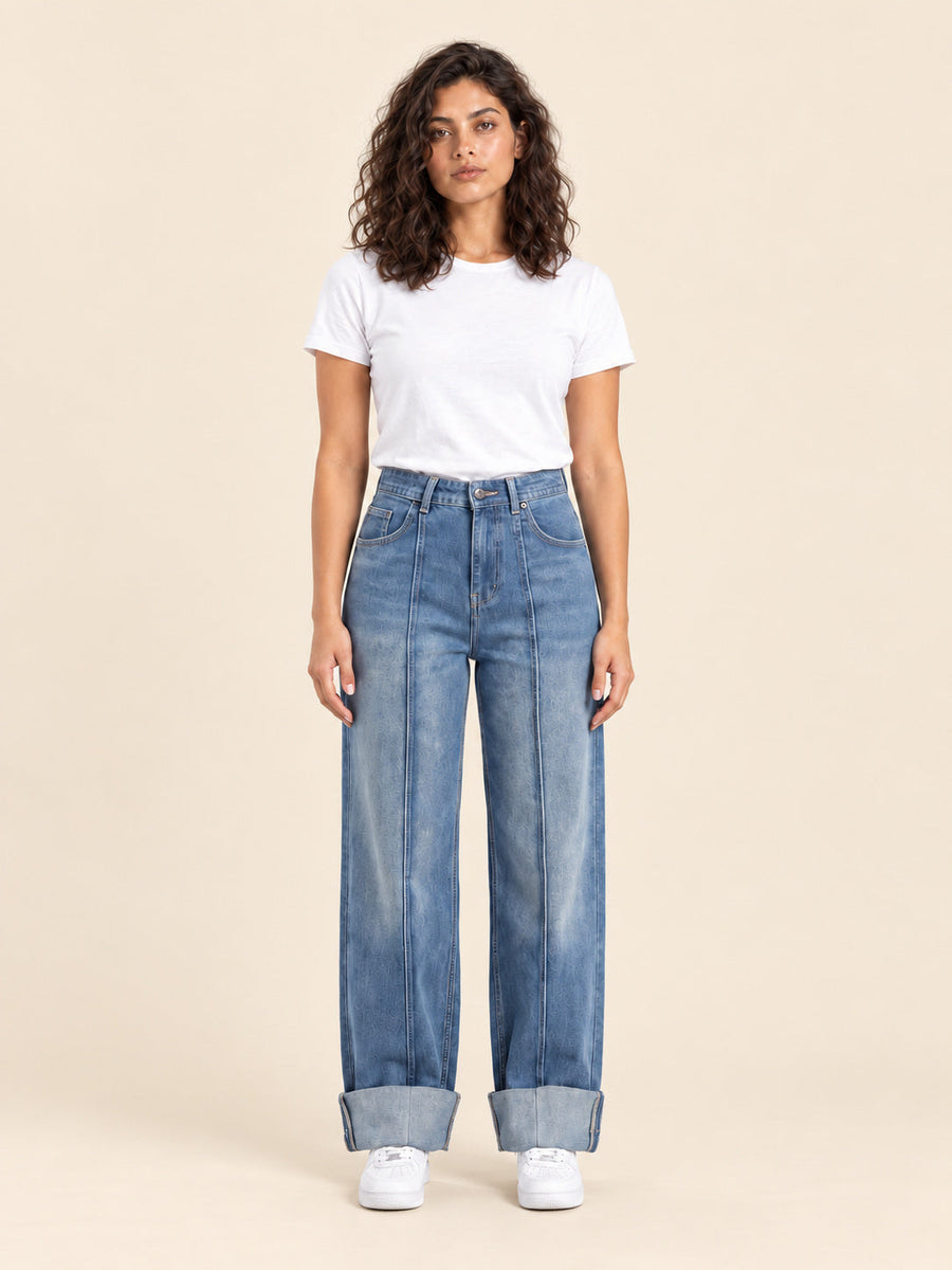 Turn-Up Wide-Leg Jeans — Dirty Blue