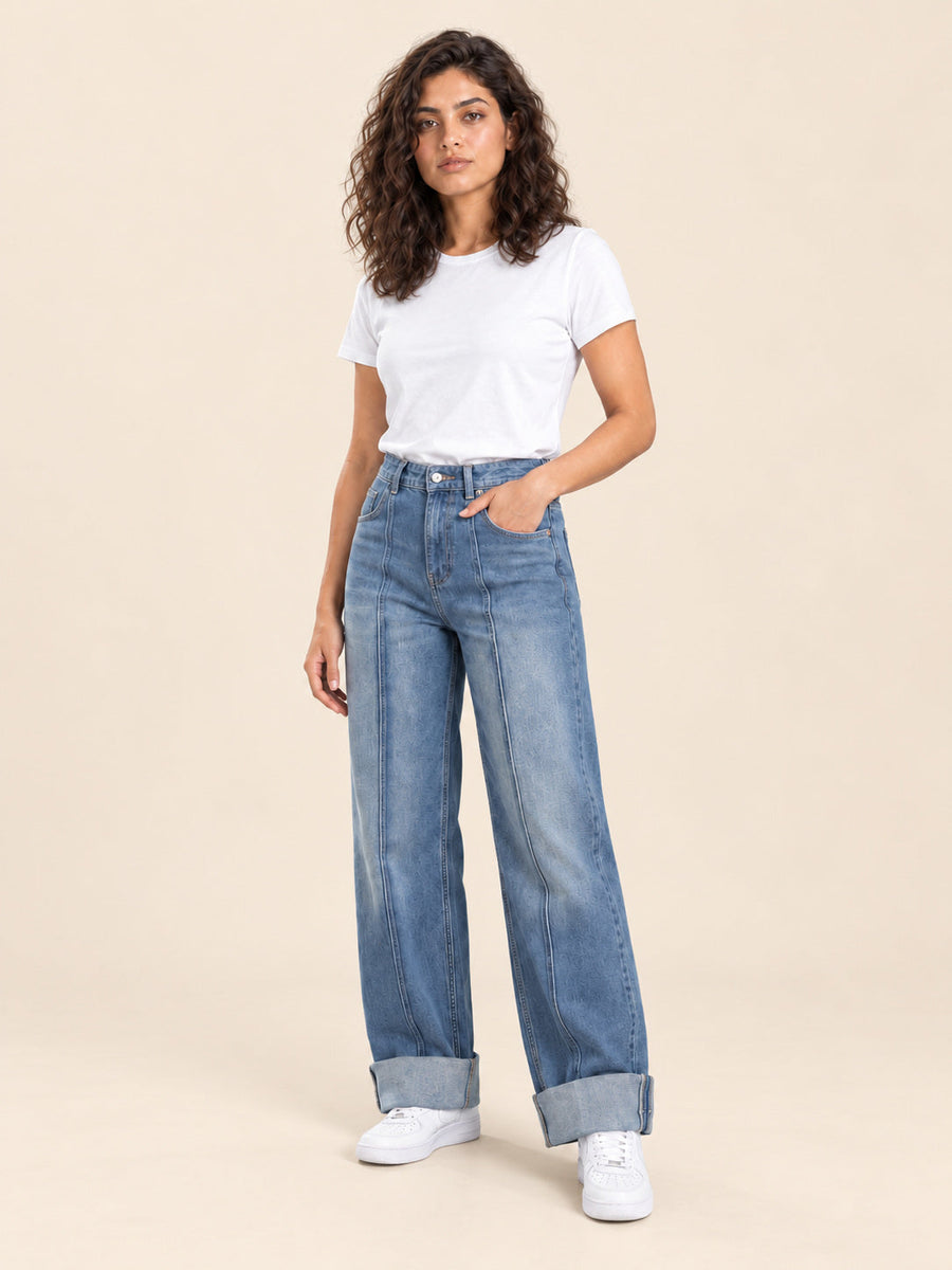 Turn-Up Wide-Leg Jeans — Dirty Blue