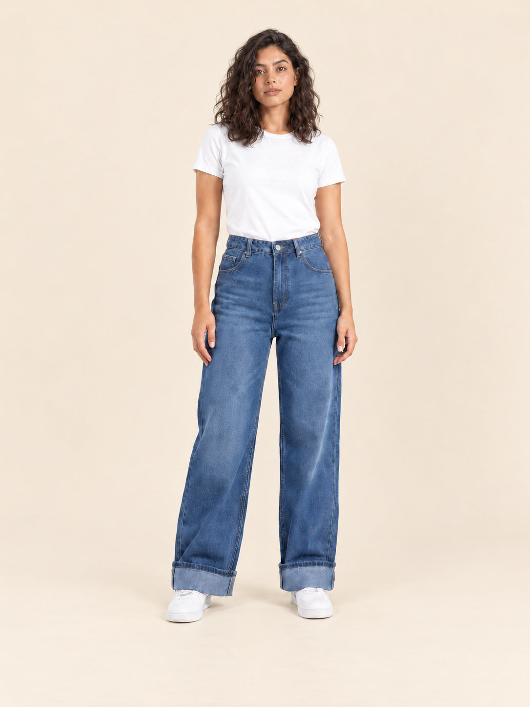 Turn-Up Wide-Leg Jeans — Mid Blue