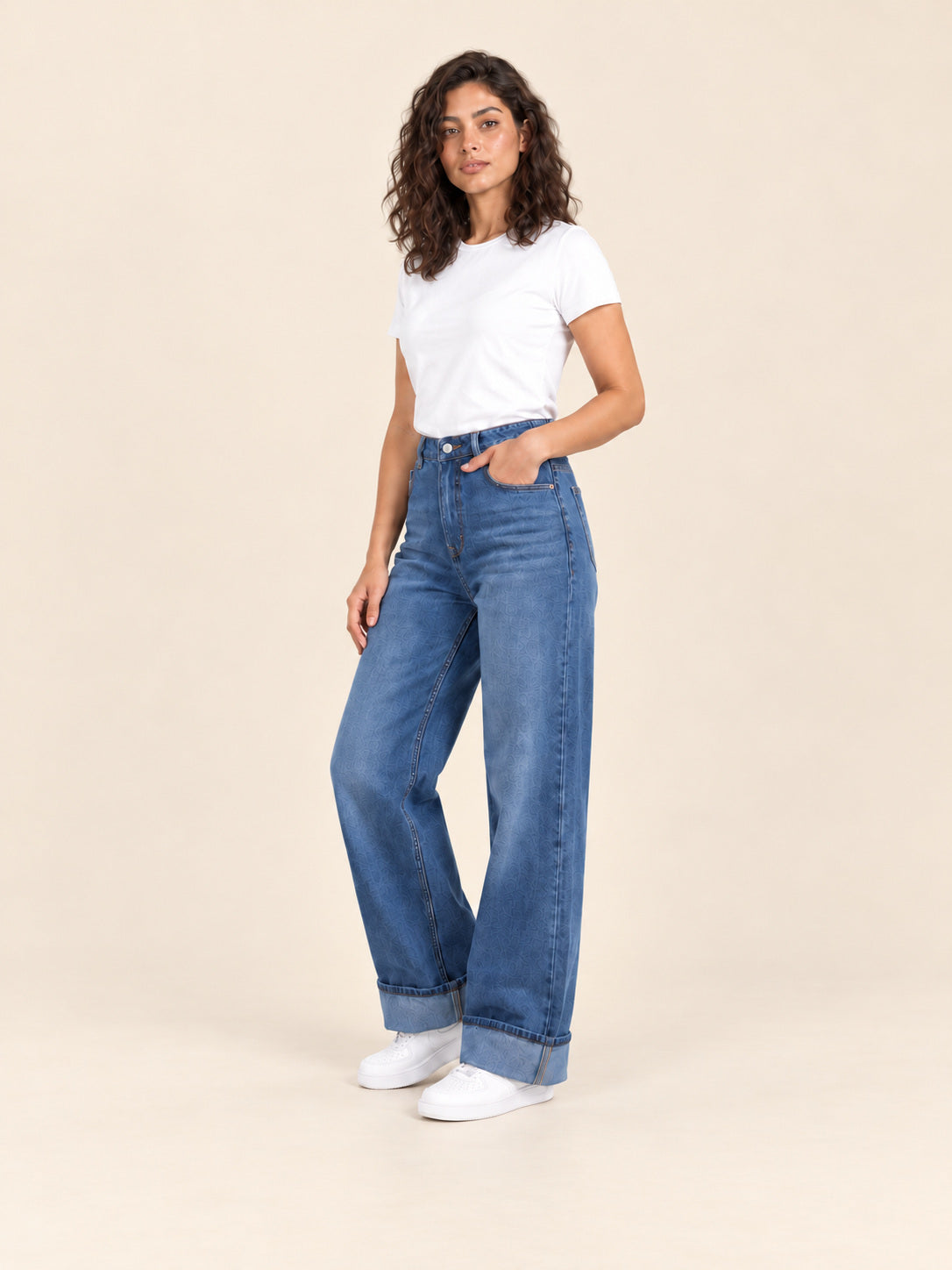 Turn-Up Wide-Leg Jeans — Mid Blue