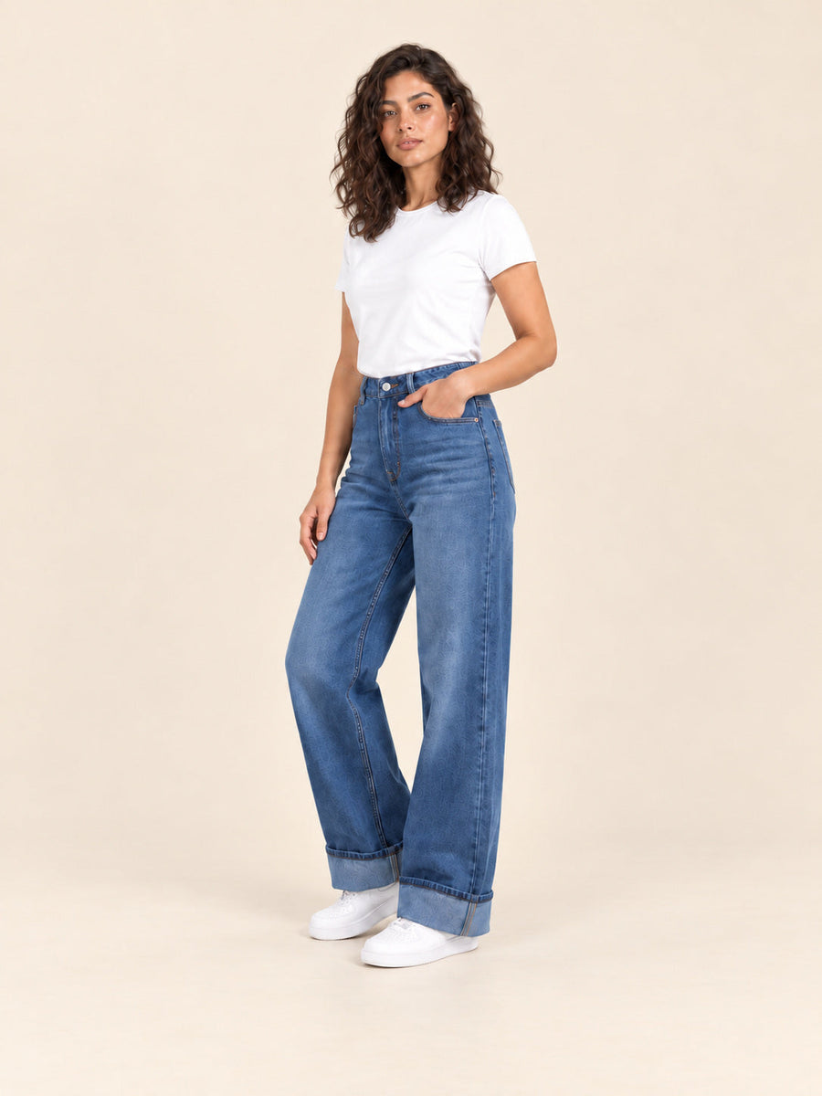 Turn-Up Wide-Leg Jeans — Mid Blue