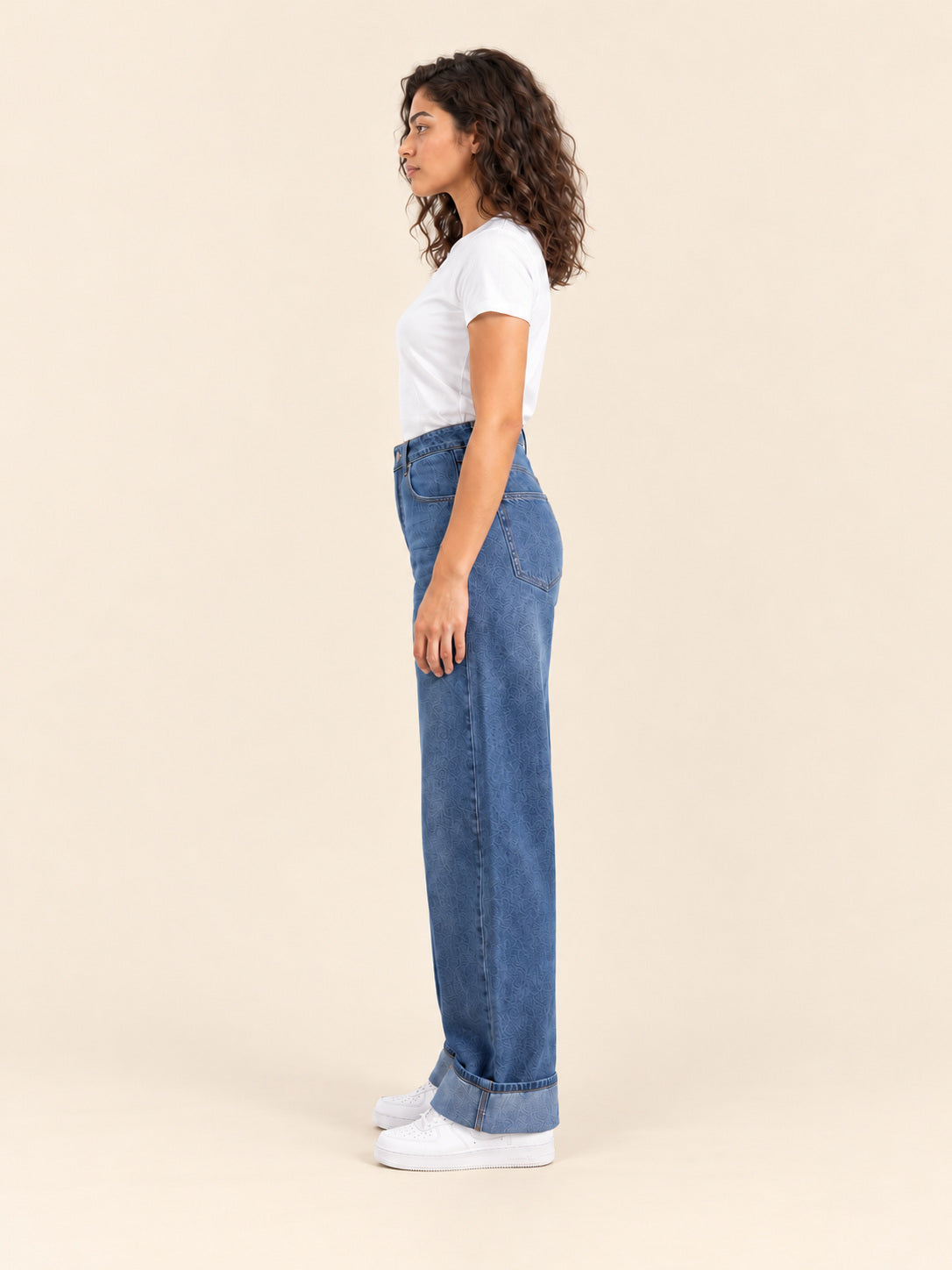 Turn-Up Wide-Leg Jeans — Mid Blue