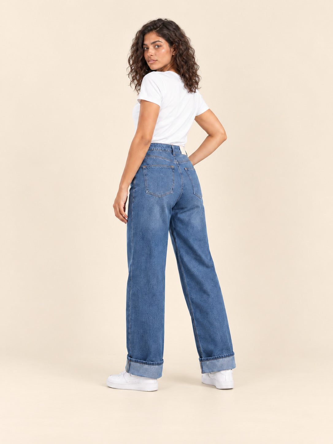 Turn-Up Wide-Leg Jeans — Mid Blue