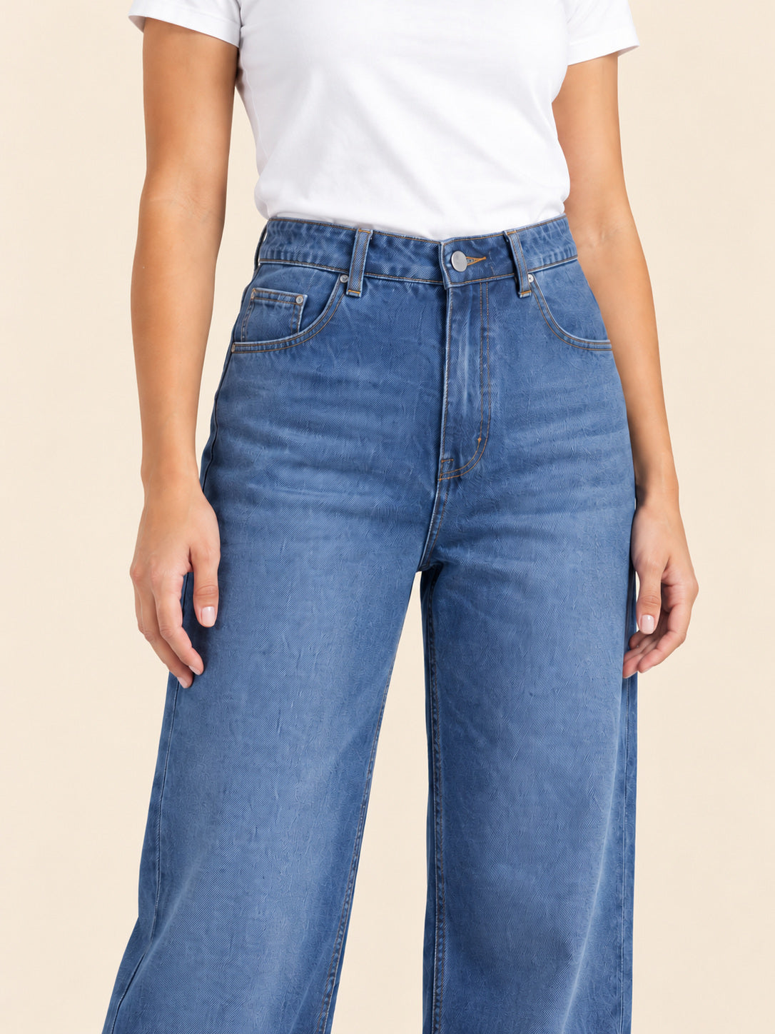 Turn-Up Wide-Leg Jeans — Mid Blue